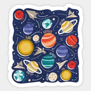 Paper space adventure I // illo // navy blue background multicoloured solar system paper cut planets origami paper spaceships and rockets Sticker